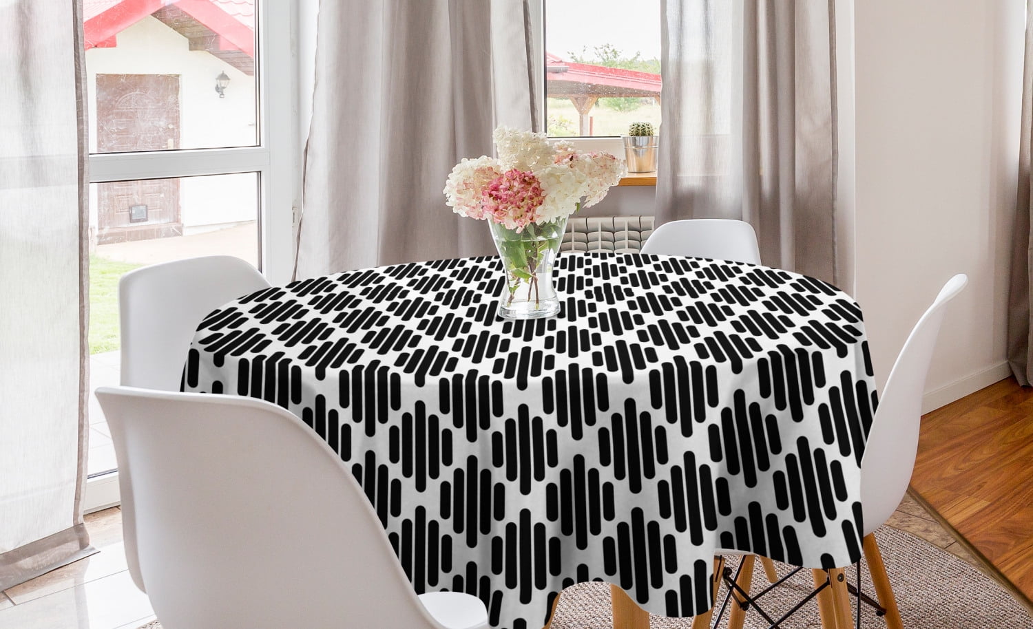 Black and White Round Tablecloth, Modern Boho Geometric Stripes Pattern