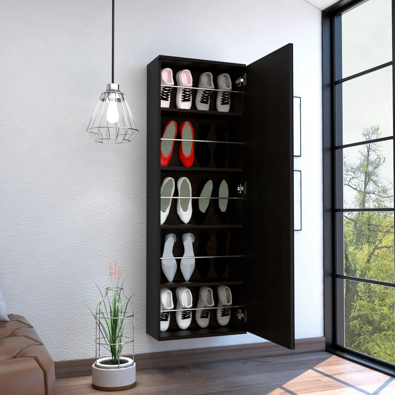 TUHOME Leto Mirrored Wall Mount Shoe Rack, 10-Pair Capacity, Black Wenge