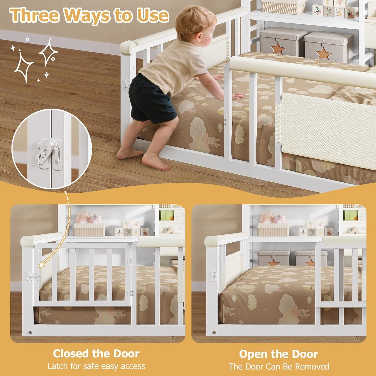 Floor Bed Frame Twin Size with High Fence & Door & Storage Bookcase, Montessori Floor Bed for Boys Girls, Twin Metal Platform Bed with Slats & Shelf & Safety Guardrails, White