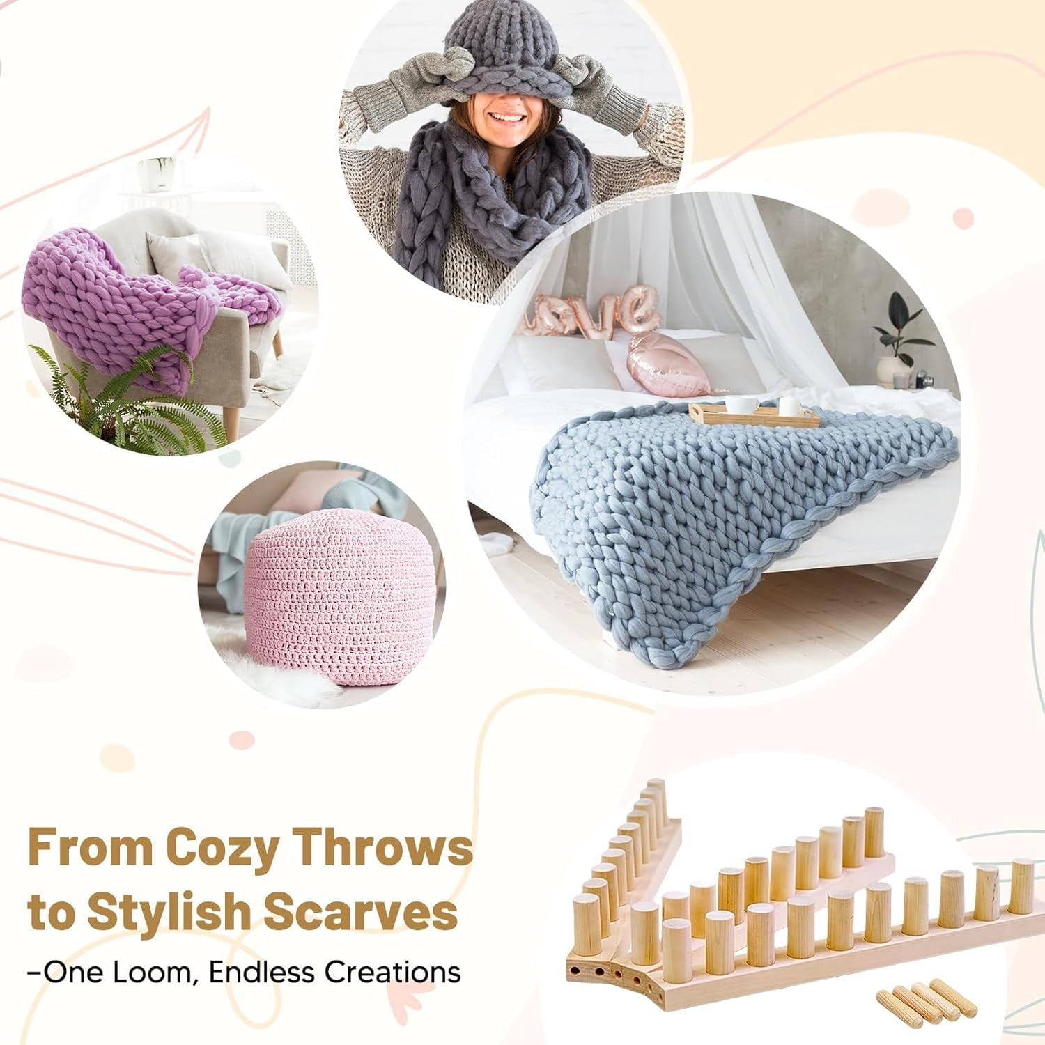60 Inch Chunky Hand Knit Blanket Looms, Chunky Knit Looms for Blankets, Expandable Wooden Chunky Blanket Looms for Jumbo Yarn