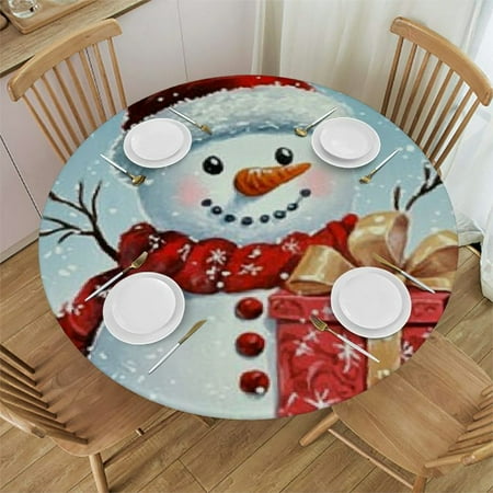 

Tllo0ord Round Fitted Tablecloth with Elastic Christmas Snowman Birds Round Elastic Tablecloth Elastic Table Cover Circular Table Cover Waterproof Table Cloth 46 -50