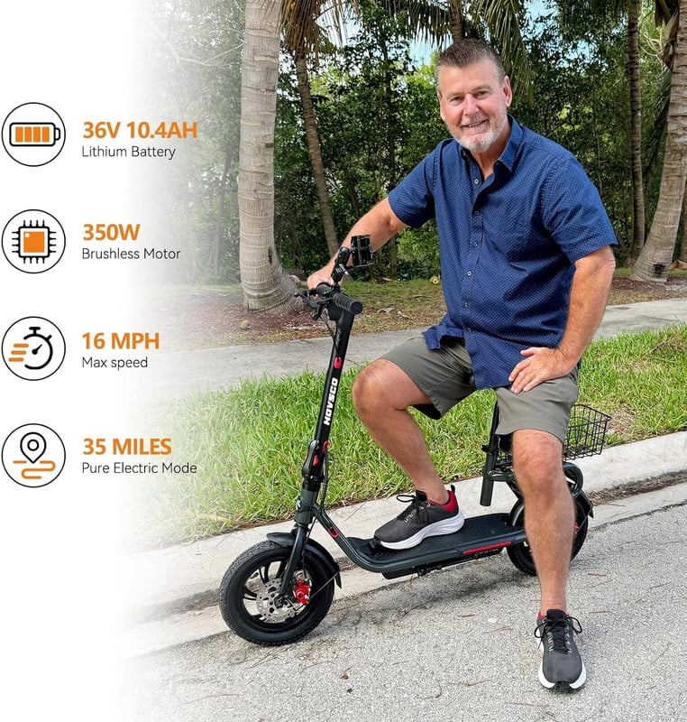HOVSCO Electric Scooter with Seat, 350W Motor, Max 16MPH & Max 35 Mile Long Range, 12