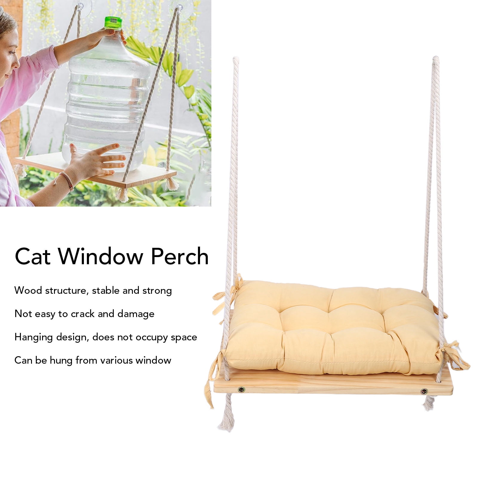 BIMZUC Cat Window Perch Sturdy Wooden Window Mounted Cat Hammock Pet Resting Seat Space Saving Bed for Indoor Cats, Breathable Fabric Resting Shelf, Easy Assembly, Supports Large Cats, 18.11 inches