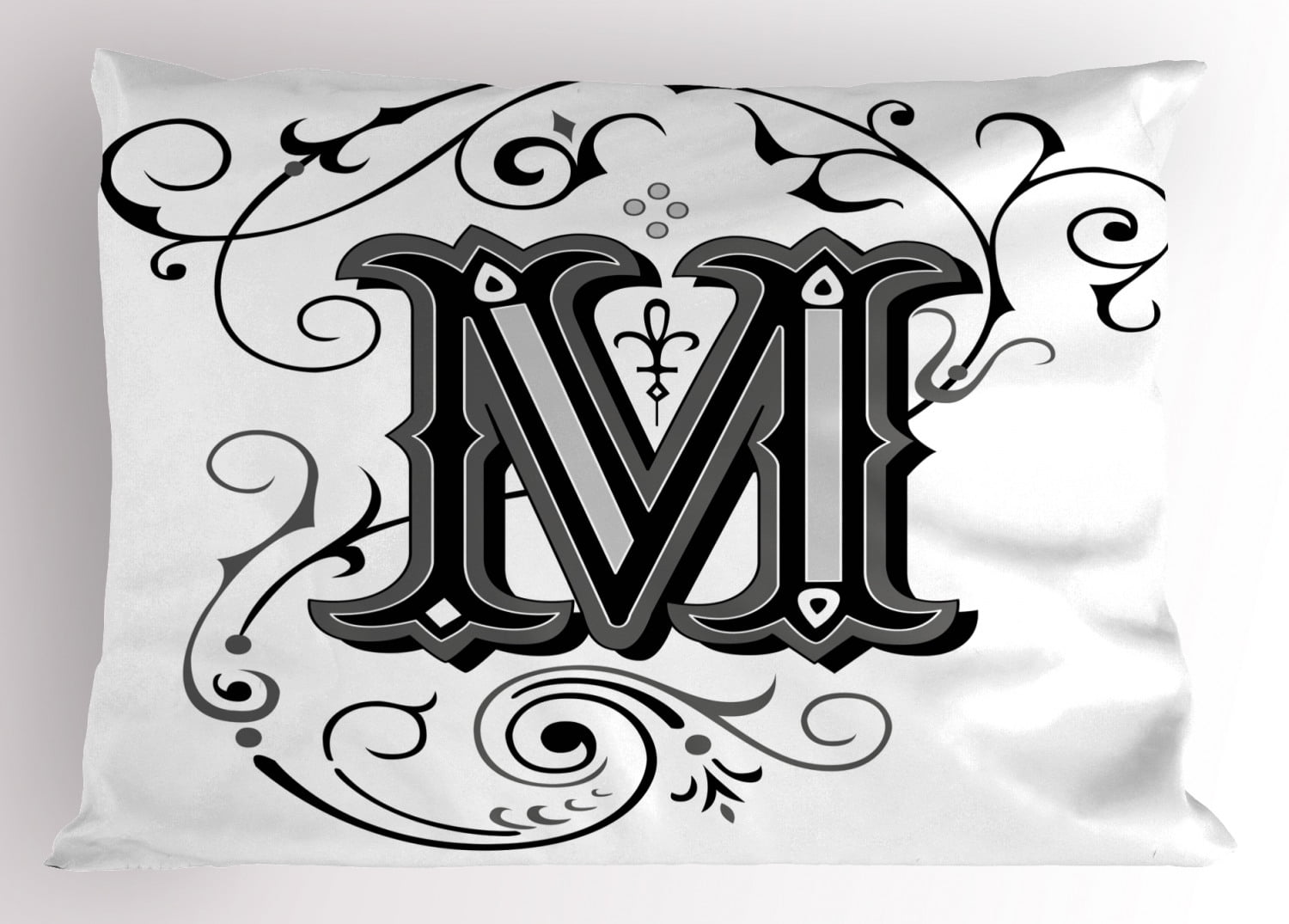 Letter M Pillow Sham Abstract Ornamental Design in Dark Color Scheme