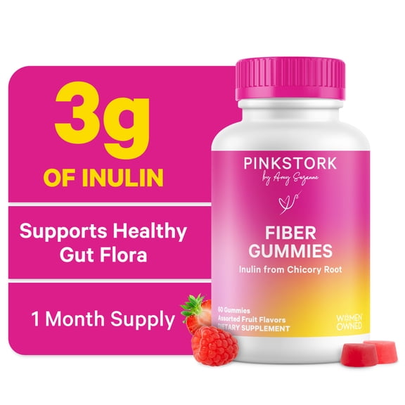 Pink Stork Fiber Gummies - Vegetarian Prebiotic Inulin Digestive Support, Assorted Fruit Flavors, 60 Count
