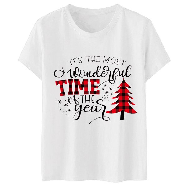 Gibobby Camisas de Navidad para mujer Camiseta de manga corta con cuello redondo y estampado navideño para mujer(Blanco,XG)