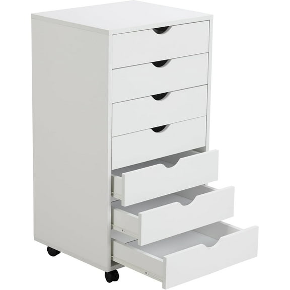 YEXJ Drawer Chest File Cabinet, Wood Dresser Under Desk Storage, Mobile Printer Stand with Lockable Wheels For Home Office Study, White, 7-Drawers
