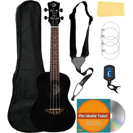 Luna Vintage Mahogany Concert Ukulele - Black Satin Bundle with Gig Bag, Strap, Tuner, Strings, Austin Bazaar Instructional DVD, and Polishing Cloth