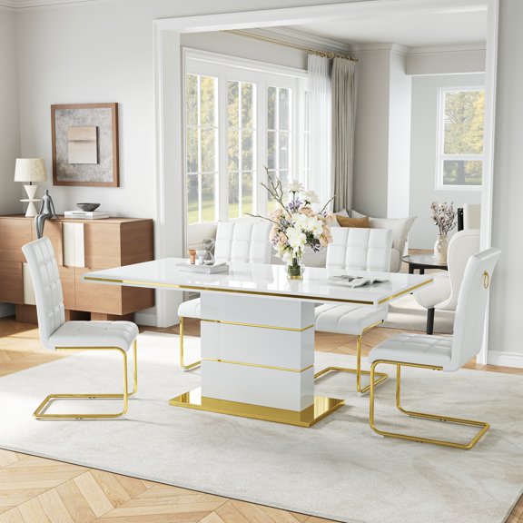 63" Dining Table Set of 5, Rectangular Glossy Table with Gold Accents and 4 PU Leather Cantilever Chairs, Luxury Style for Apartment, Living Room, and Dining Room