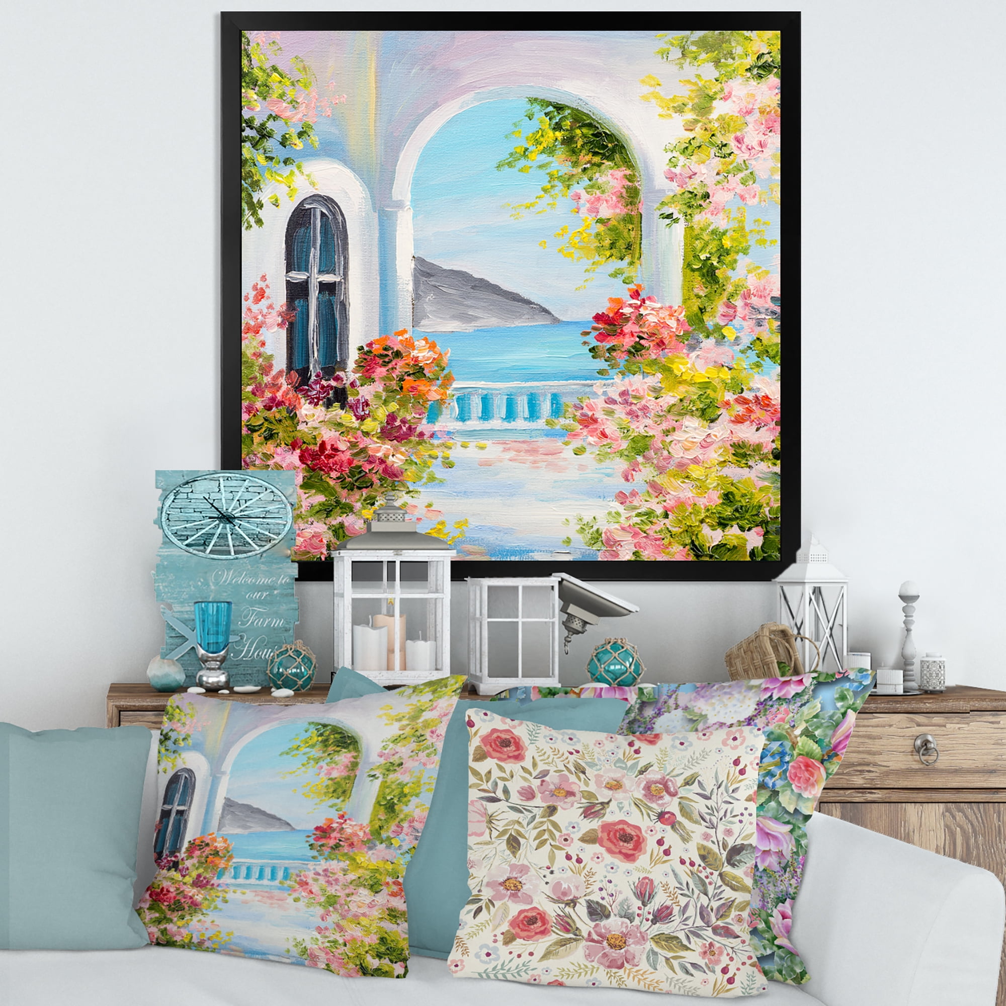 Designart 'Pink Flowers With Traditional Greek House' Nautical & Coastal Framed Art Print