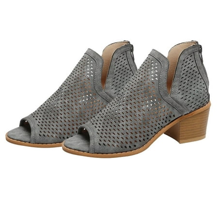 

Thick High Heel Sandals Woman Zipper Fish Mouth Hollow Out Summer Cool High Heel Sandals for Outdoor (Grey 40 Yard)