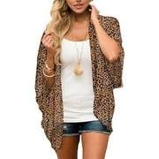 Summer Womens Floral Print Kimono Cardigan Loose Puff Sleeve Cover Up Casual Leopard Blouse Tops Kaftan Outerwear