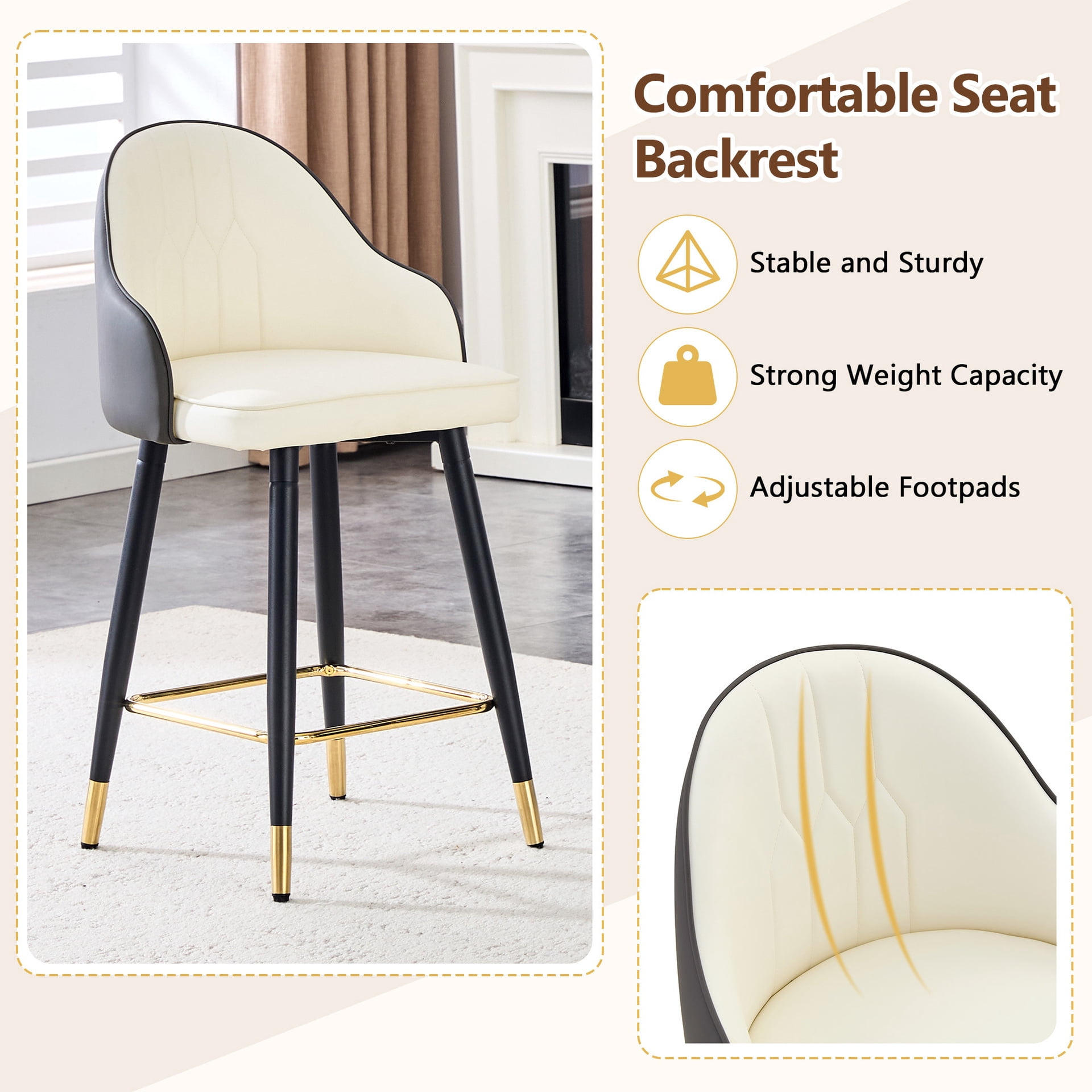 StnTalk Bar Stools Set of 2, White & Dark Gray PU Leather Counter Height Chairs, Modern Splicing Kitchen Stools with Gold Footrest & Metal Legs for Kitchen Island