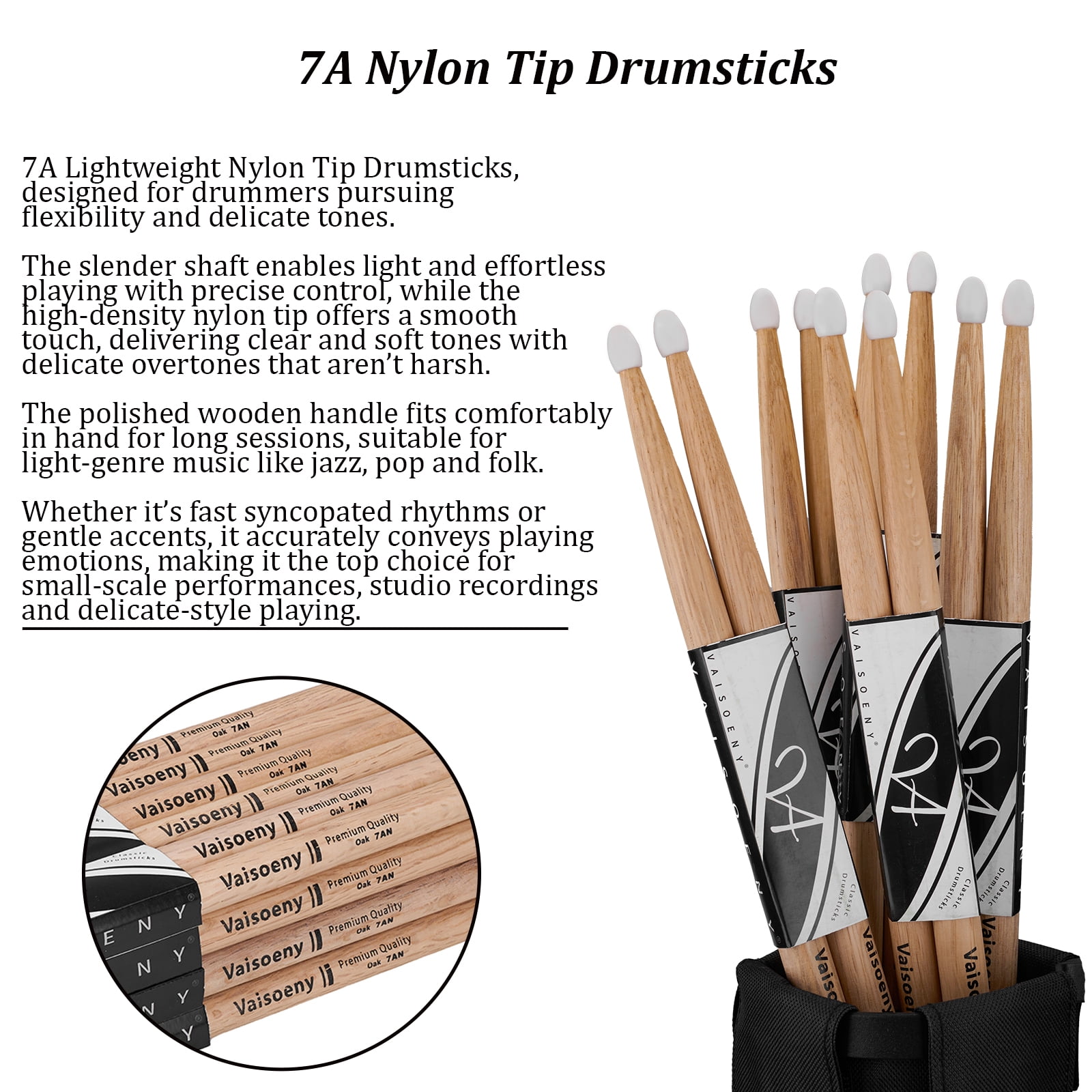 Vaisoeny Drum Sticks 7A, Nylon Tip Drum Sticks Set for Acoustic Drums or Electronic Drums, Oval Nylon Tip Oak Drumsticks for Drummers and beginners (12 Pair)