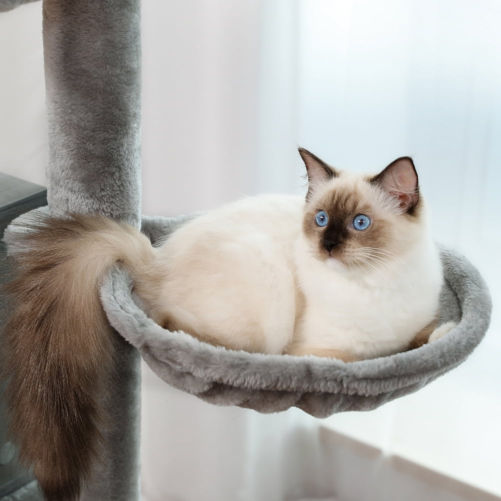 Kadyn Wooden Cat Tree Tower, Cat Condo Play House for Large Cats Featuring, Modern Cat Tree Condo with Fully Scratching Posts, Hammock, Padded Perch and Dangling Ball, Gray Kadyn Wooden Cat Tree Tower, Cat Condo Play House for Large Cats Featuring, Modern Cat Tree Condo with Fully Scratching Posts, Hammock, Padded Perch and Dangling Ball, Gray