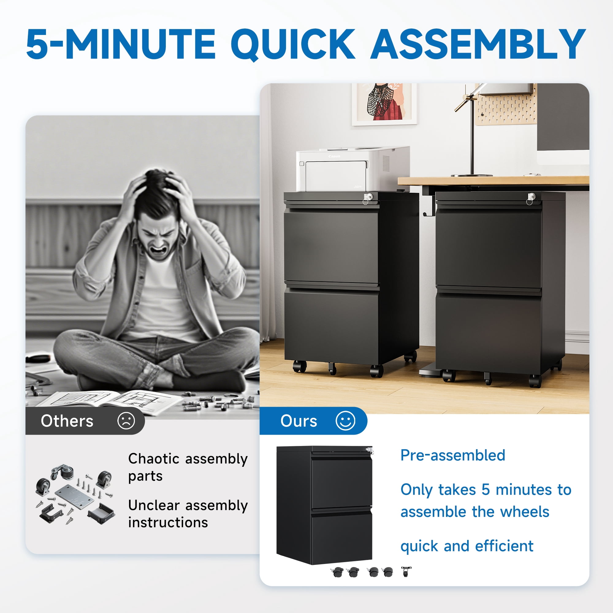 Fesbos 2 Drawer Mobile File Cabinet with Lock, Metal Rolling Filing Cabinets for Home Office, Fully Assembled, Black, Fits Letter/Legal/A4 Size Files