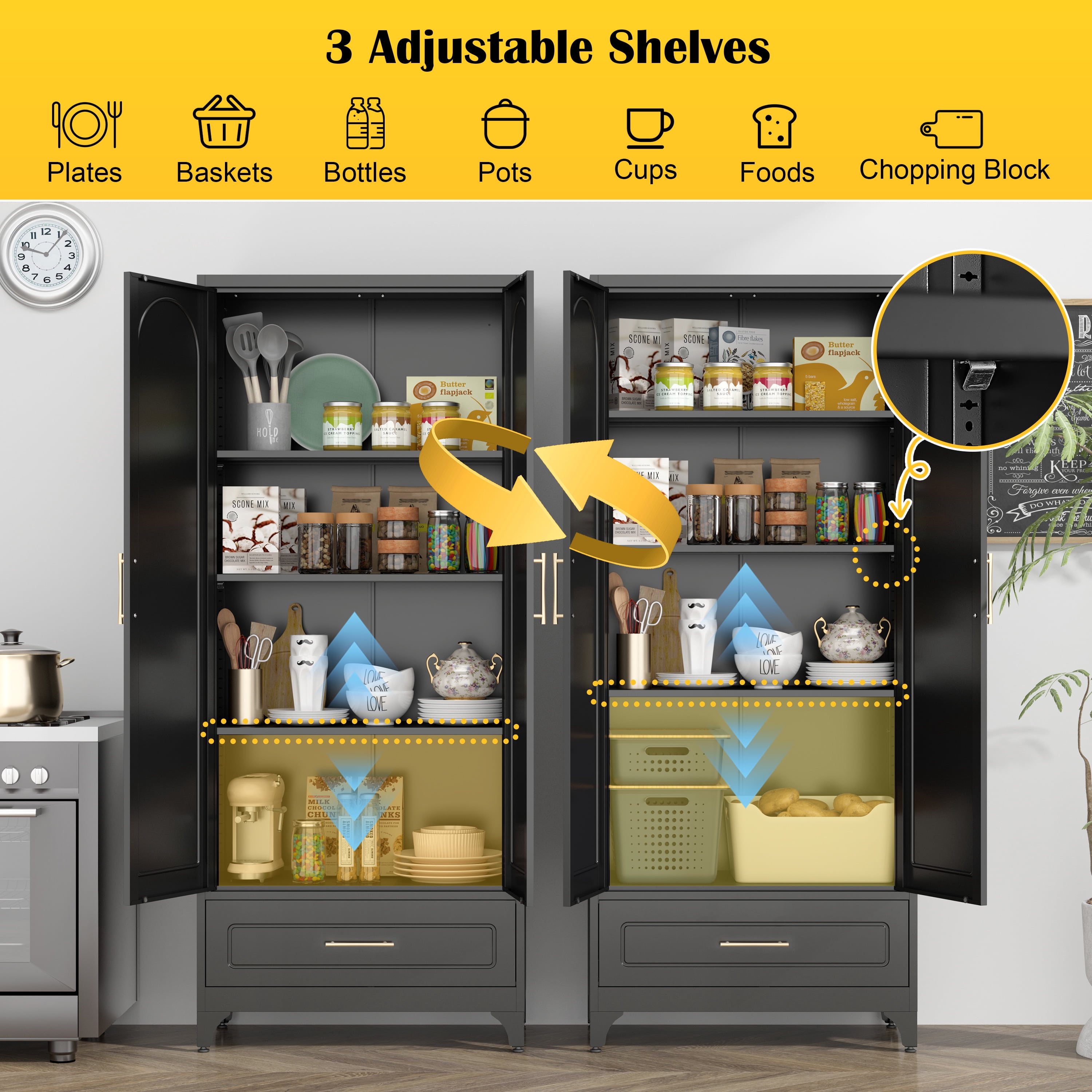 Polup 75" H Metal Black Kitchen Pantry Storage Cabinets with Drawers, Doors and Shelves, Steel Large Cupboard