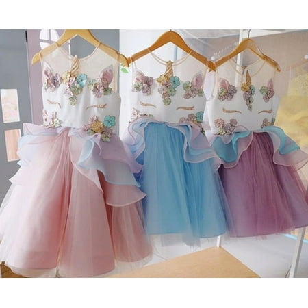 Boutique Kids Girls Unicorn Flower Dress Bridesmaid Pageant Party Formal Costume