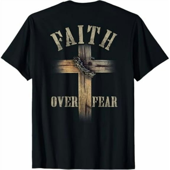 Greenink Faith Over Fear American Christian Cross God Jesus T-Shirt for Men Women Religious Shirts Crewneck Graphic Tee Tops Black