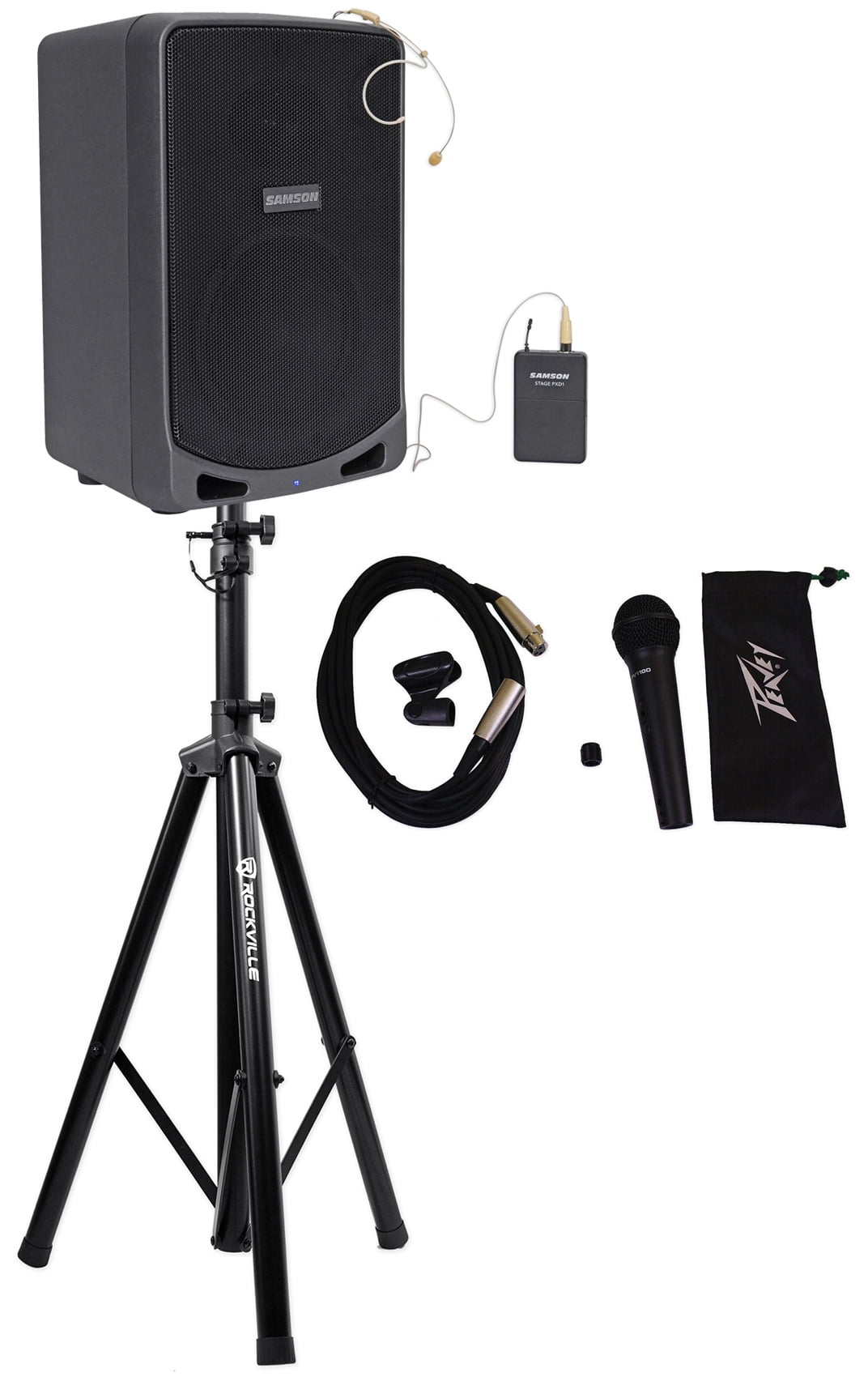 SAMSON XP106WDE 6" Rechargeable Bluetooth PA DJ Speaker+Stand+Headset+Peavey Mic