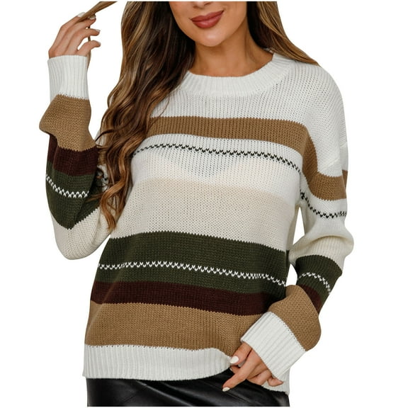 PFRNLF Sweaters for Women Fall Winter Crewneck Striped Tops Color Block Fashion Knit Pullover Sweater