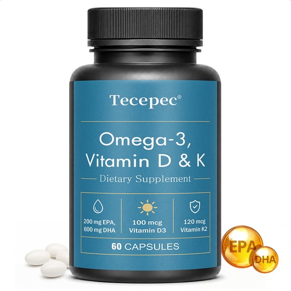 Tecepec Omega‑3 Fish Oil Capsules with Vitamin D3 & Vitamin K2‑MK7, EPA & DHA Daily Wellness Supplement, 60 Softgels