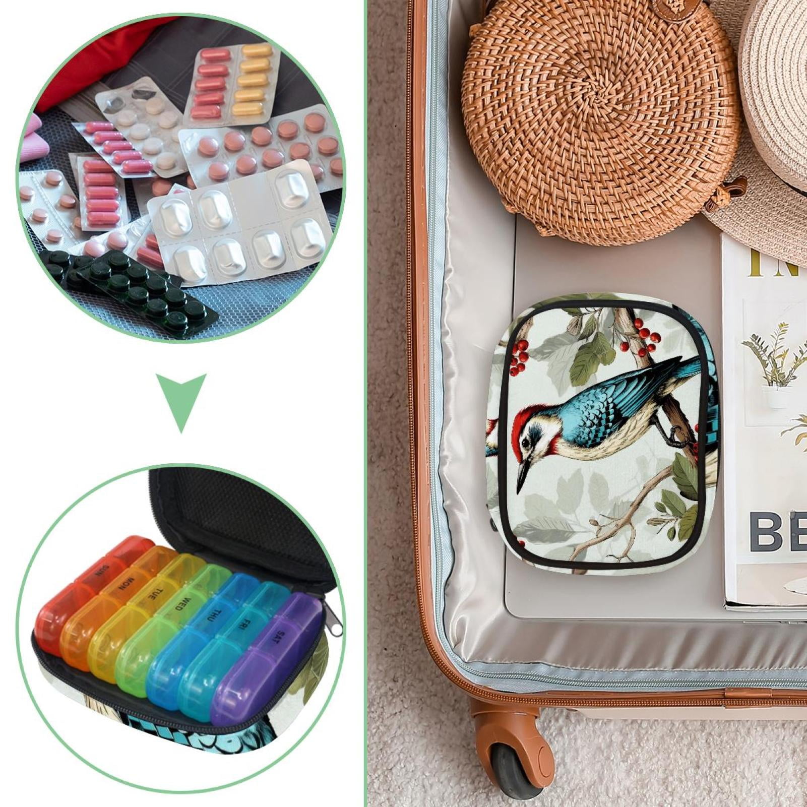 Weekly Pill Organizer 3 Times a Day with Zipper Cloth Bag 7 Day Pill Box Portable Rainbow Pill Case for Vitamins Fish Oils Supplements Woodpecker