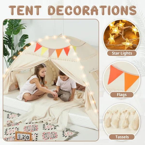 SweHouse Toddler Bed Canopy Lights & Flags  Sleeping Playhouse Tent, Portable Indoor Privacy Play Space. Foldable Drafty Room Play Tent for Boys & Girls, Kids Birthday Gifts (Golden Beige)