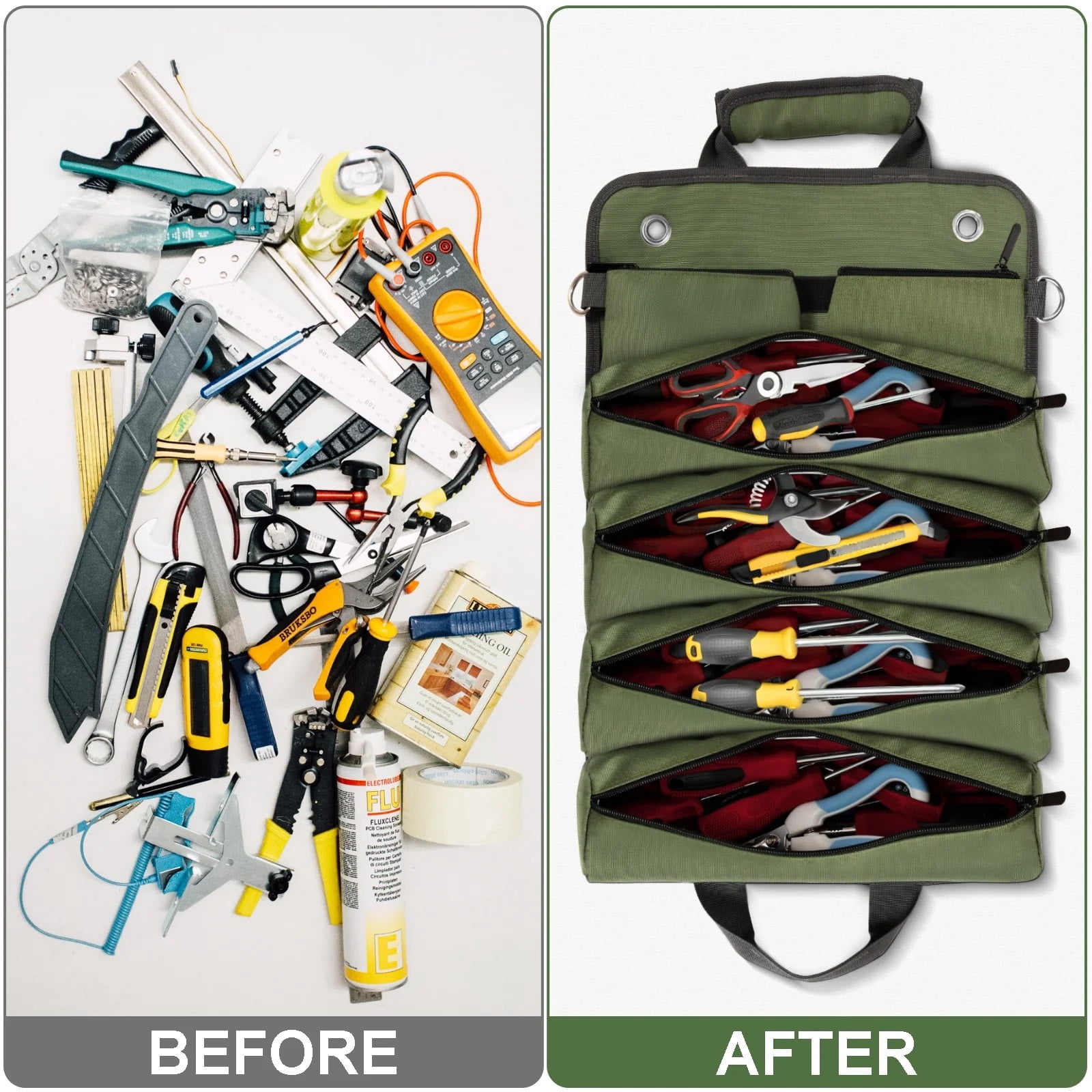 Roll-Up Tool Organizer Bag - Fatherâs Day Gift for Men, Includes 2 Detachable Zippered Pouches, Compact & Durable Tool Storage for Mechanics, Handymen & DIY Enthusiasts