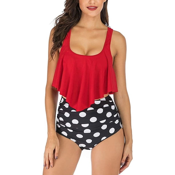 Trajes de baño para mujer, dos piezas, Tankini, parte superior con volantes, Control de barriga, parte inferior de cintura alta, trajes de baño, conjunto de Bikini Adepaton WRMH-1299-17