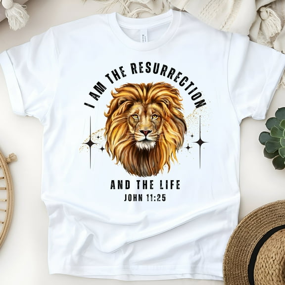 I Am the Resurrection and the Life T-Shirt – Lion of Judah Scripture Shirt, White, Size S