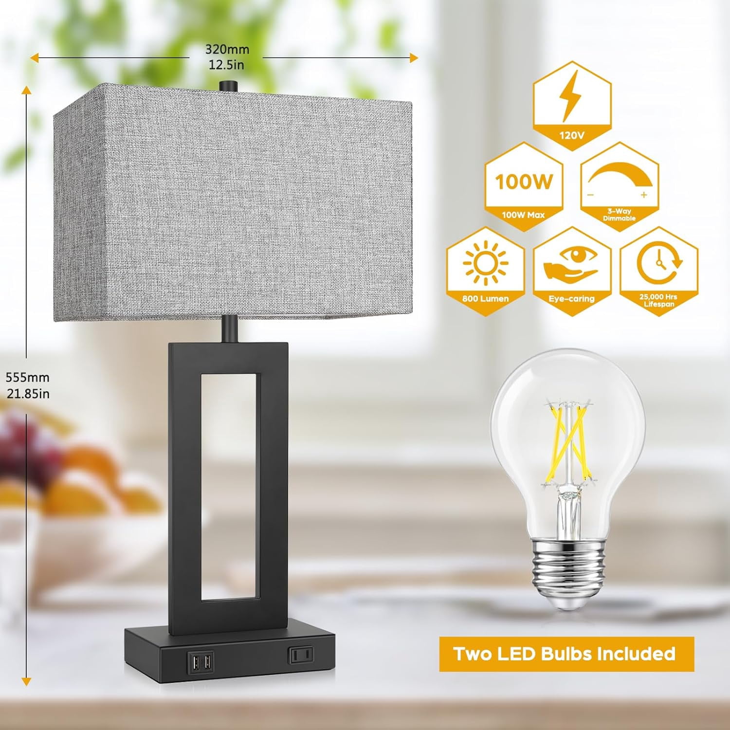 Nordic Hygge Set of 2 Touch Control Dimmable Table Lamp with 2 USB Ports, Grey Shade