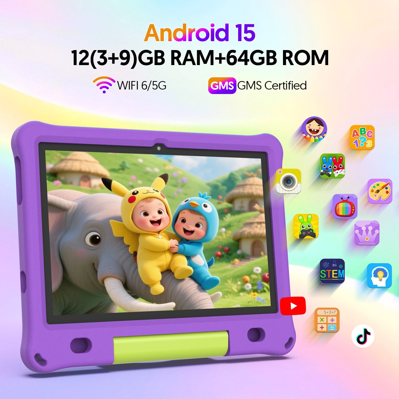 10inch Kids Tablet Android 15,1280x800 HD Ips Display Tablet with Eva Case,12GB (3g+9g) RAM+64GB Rom,Quad-Core, Wi-Fi6,6000mAh,Parental Control App Google Certified - Purple