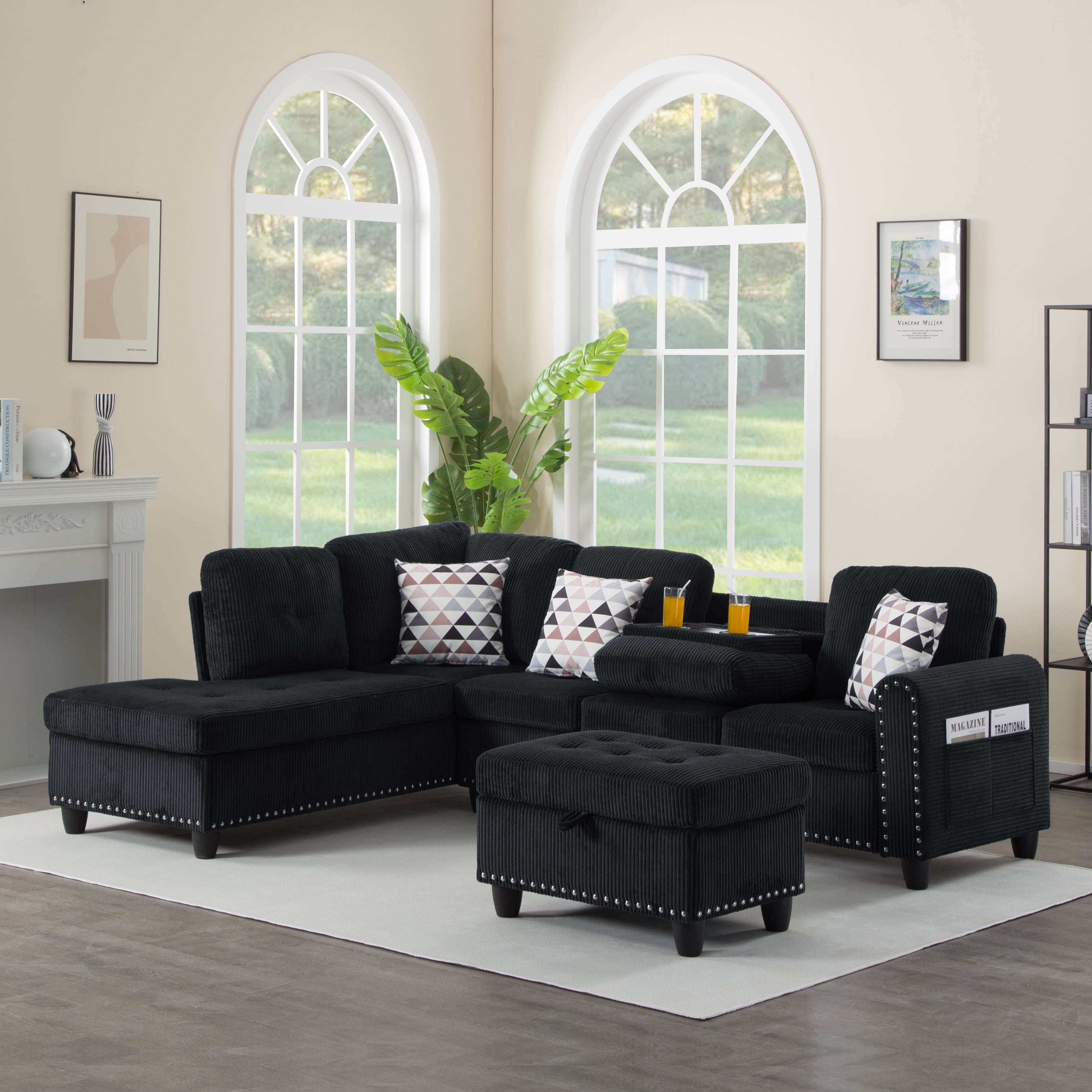 Gewnee 94.49"Modular Sectional Sofa with Storage Ottoman,L-Shaped Comfort Sofa with Cup Holders & Nailhead Trim,Modern Corduroy Couch for Living Room.Black
