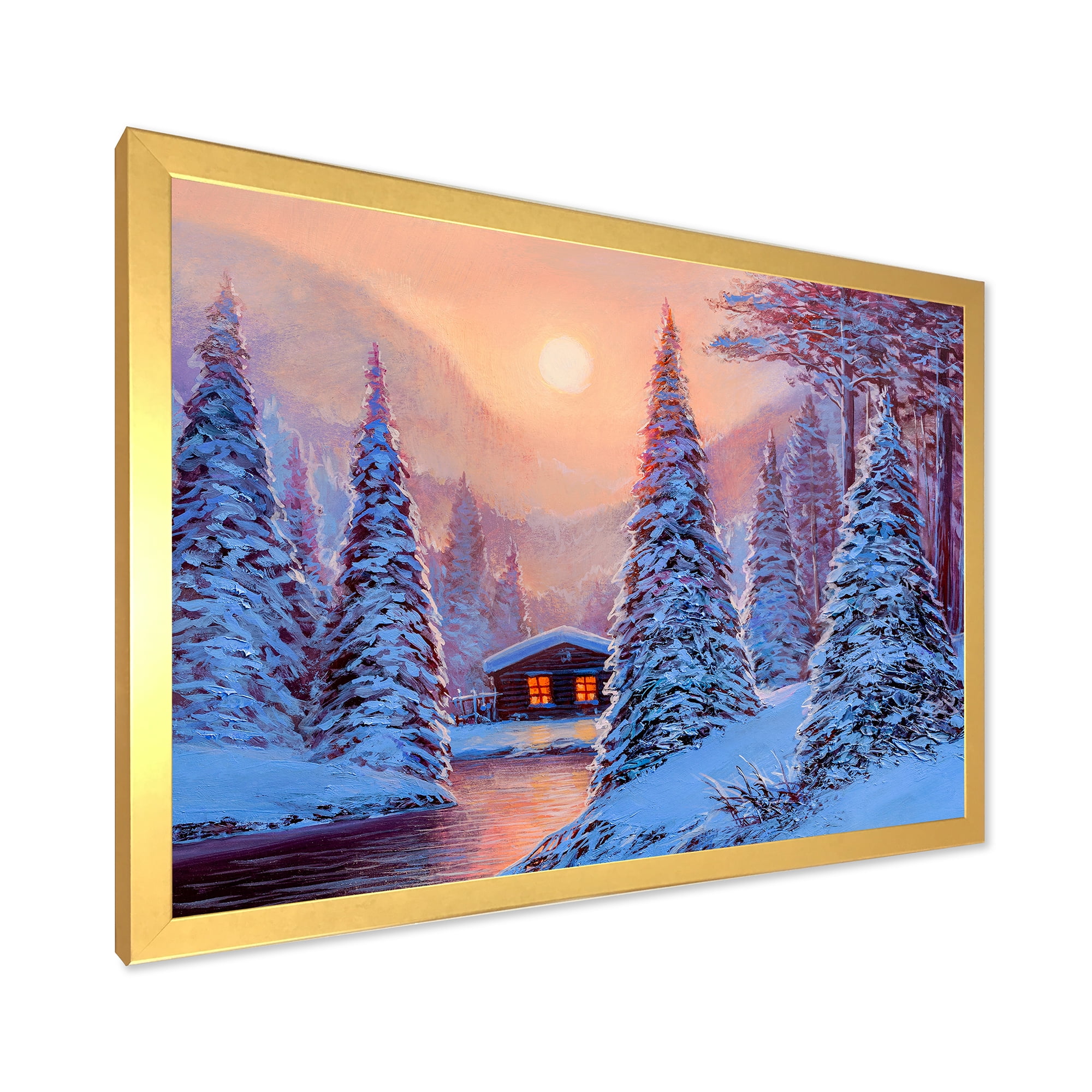 Designart 'The River House In The Woods and Winter Landscape I' Lake House Framed Art Print