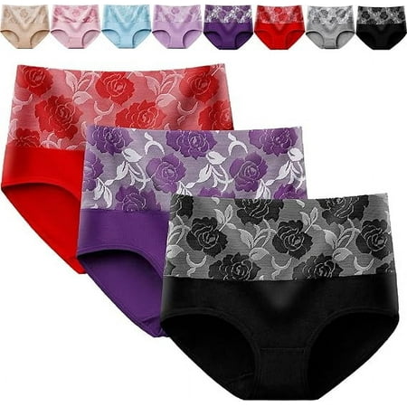 Guanyst Women s Briefs Underwear Cotton High Waist Tummy Control Panties Rose Jacquard Ladies Panty Multipack