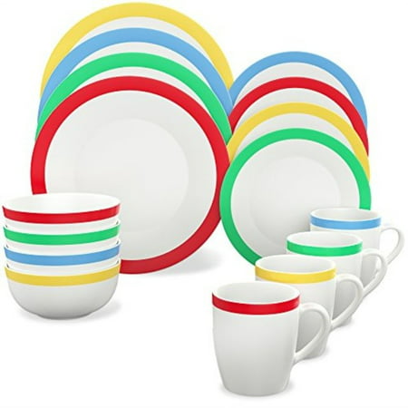 Vremi 16 Piece Dinnerware Set Service for 4 - Round Porcelain Dinner Plates Bowls Mugs and Dessert Dishes - Casual White Dinnerware with Colored Stripe Trim - Microwave and Dishwasher Safe