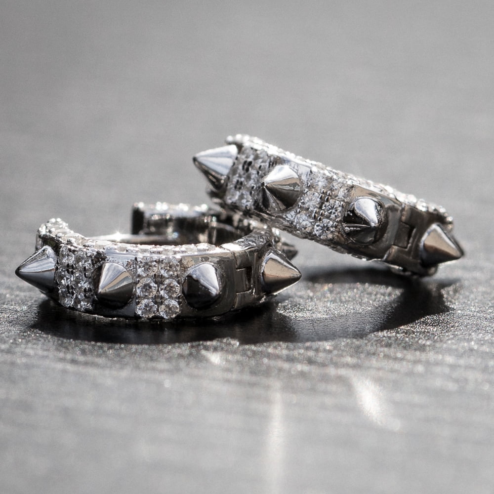 Iced Spike White Gold Plated 925 Sterling Silver Post Huggie  Punk Style Small Thorn Hoop Earrings for Men Women  Hoops Earrings