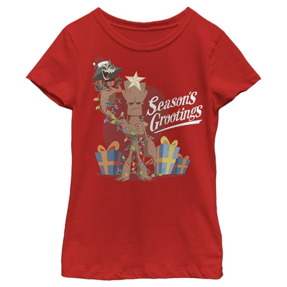 Girl's Marvel Christmas Groot & Rocket Season Grooting Graphic Tee Red X Large