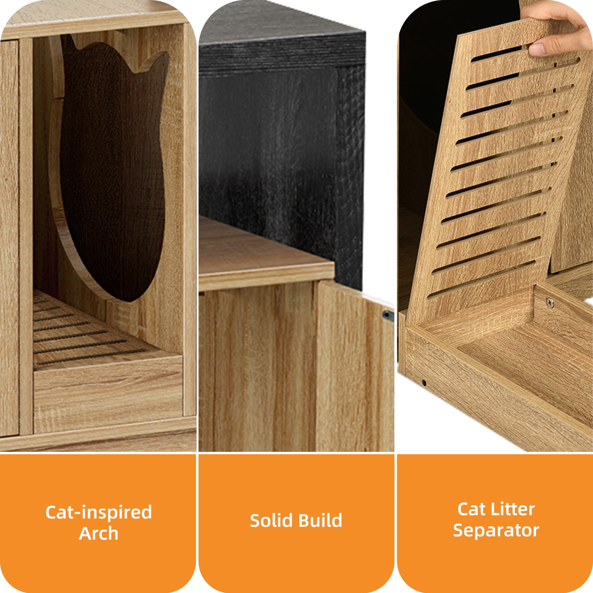 Craftian Cat Litter Box Enclosure with Power Outlet and LED Light, Wooden Long Cat Litter Box Enclosure TV Stand Furniture with Double Rooms - Oak