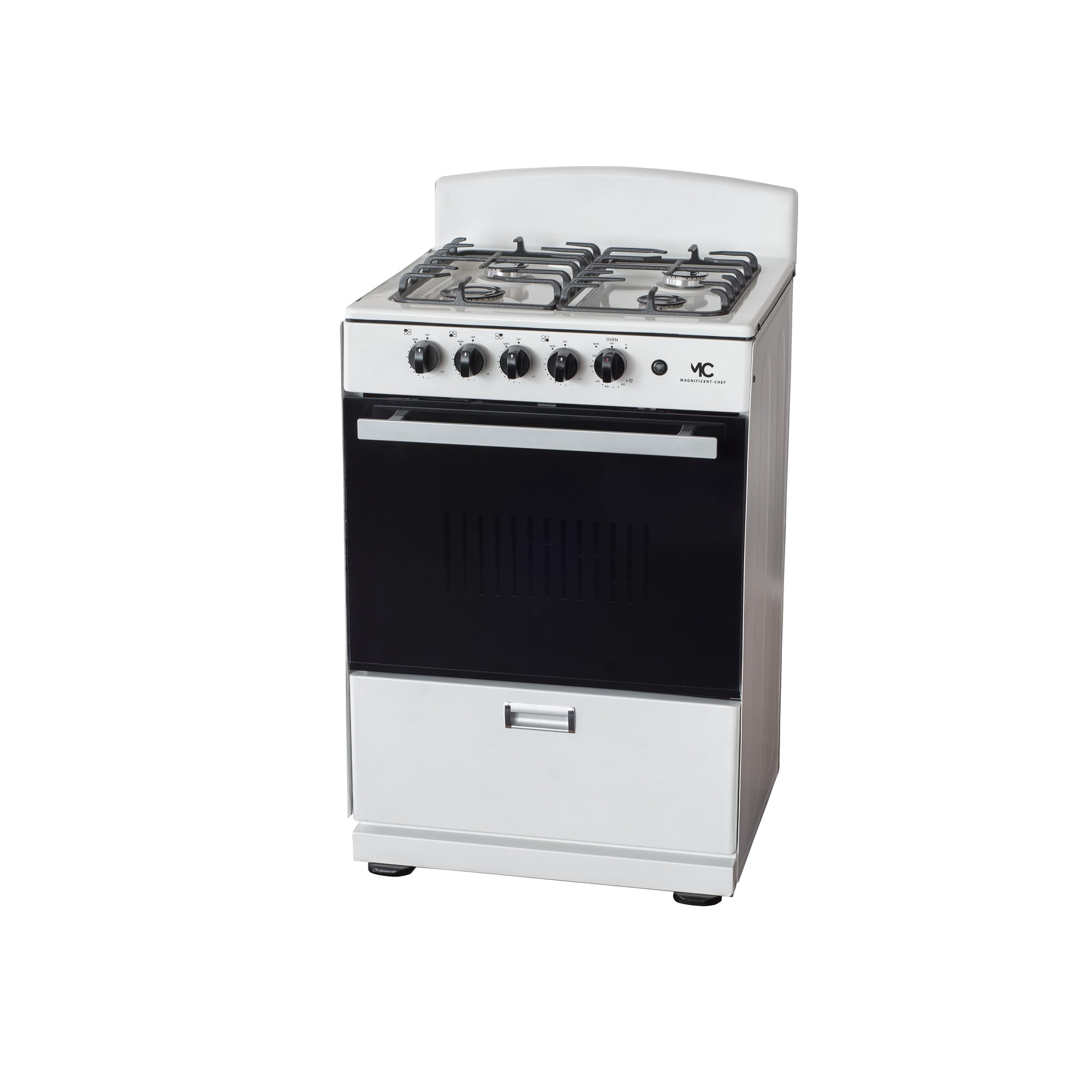 Magnificent Chef- Free Delivery - 24" White Gas Stove with 3.0 CFT Oven Capacity -Sealed Burners, 1 Ultra-Fast, 3 Fast – Easy to Clean, Iron Grates, Cool Knobs 2-year Warranty.