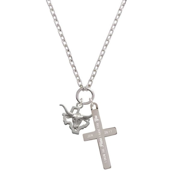 Delight Jewelry Silvertone Longhorn - Texas I Have Plans for You Engraved Cross Zoey Necklace, 28"