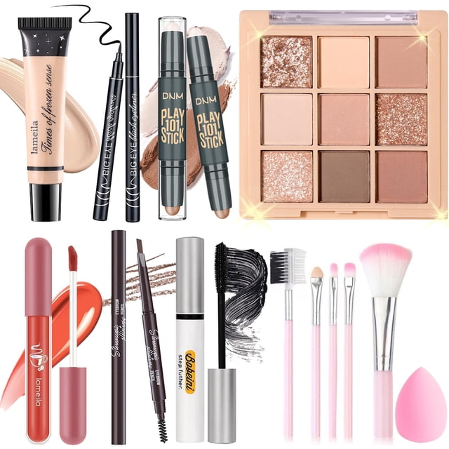 YBUETE Juego de maquillaje para mujeres, niñas y adolescentes, juego de regalo que incluye 9 colores de sombra de ojos, base en barra, lápiz de cejas, delineador de ojos, máscara, brillo de labios, 5