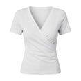 thumbnail image 6 of Summer Deep V Neck Cross Surplice Wrap Tops for Women Solid Color Casual Short Sleeve Wrap Front Drape Dolman Top White L, 6 of 6