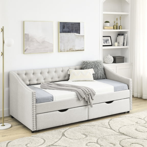 Twin Size Daybed | Comfortable Seating in Living Room | Linen and Foam Material | Store Toys in Pull - out Drawers