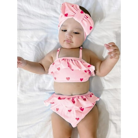 

Baby Girl Heart Pattern Ruffle Trim BIkini Swimsuit Swimwear Beachwear Swimsuit Swimwear Beachwear Hairband S221905X Baby Pink 80(9-12M)