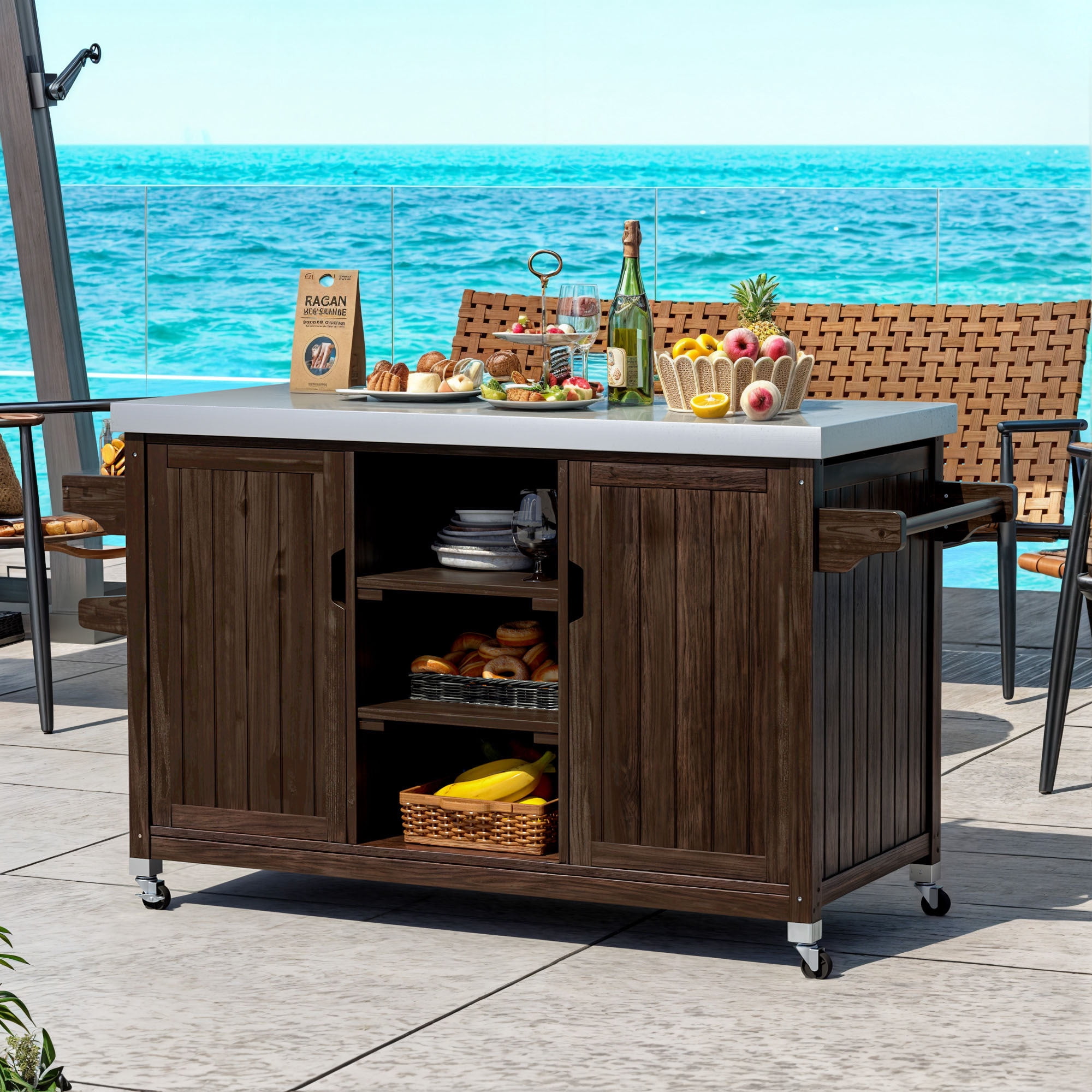 Uforic Outdoor Movable Grill Cart Storage Cabinet, MultiFunctional BBQ Grill Bar Cart, Bar, Prep Table, Rolling Kitchen Island - Brown