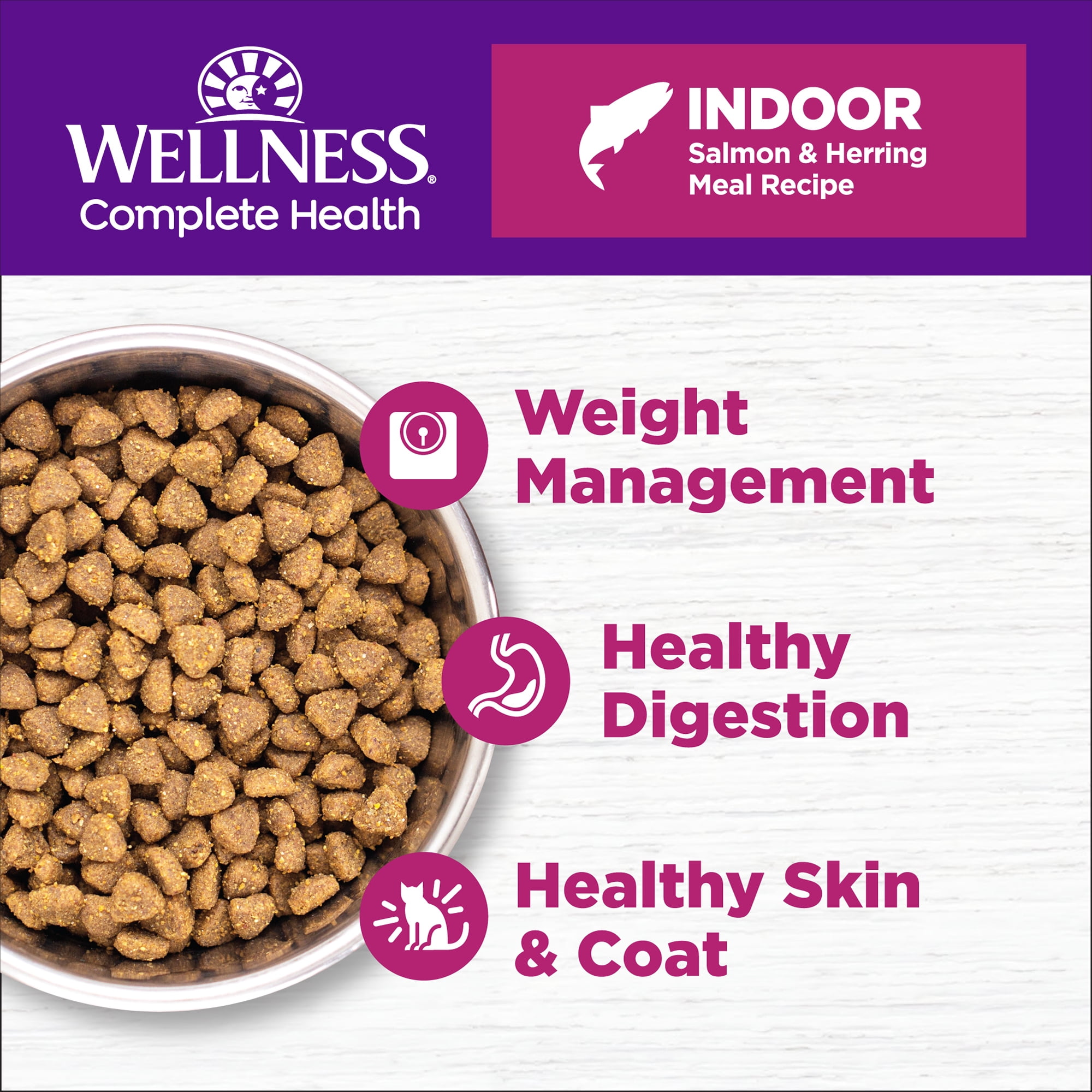 Wellness Complete Health Adult Dry Cat Food for Indoor Cats, Natural, Grain Free Kibble, Salmon and Herring Meal Recipe, 11.5 lb Bag