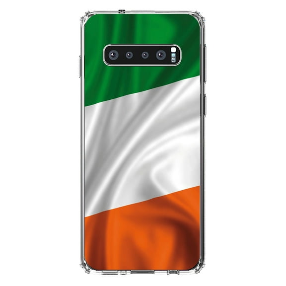 DistinctInk Clear Shockproof Hybrid Case for Samsung Galaxy S10  PLUS(6.4" Screen) - TPU Bumper, Acrylic Back, Tempered Glass Screen Protector - Ireland Waving Flag -Ireland