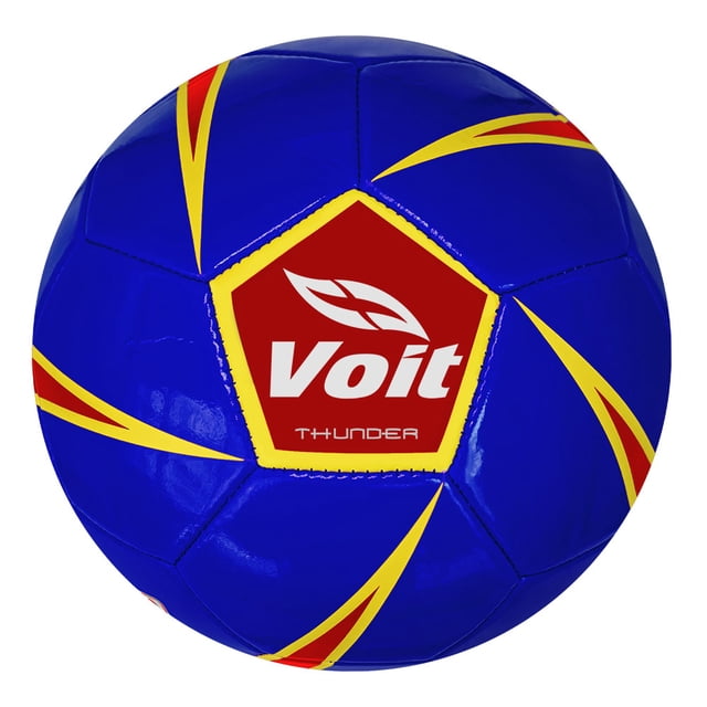 balón de fútbol voit no. 5 thunder ss100 azul centrado con 32 paneles cosidos y acabado PVC brillante, logotipo Voit blanco sobre pentágono rojo y gráficos en amarillo y rojo; para entrenamiento ligero y uso recreativo, inflado recomendado 5–6 psi.